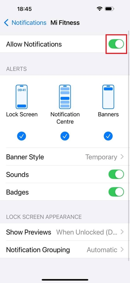 iPhone-instellingen die meldingen ingeschakeld voor de Me Fitness-app laten zien