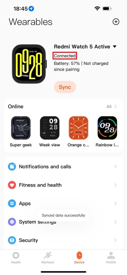 Me Fitness-app die laat zien dat het horloge is verbonden