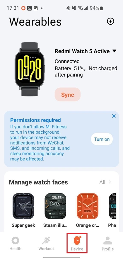 Apparaatpagina in de Mi Fitness-app