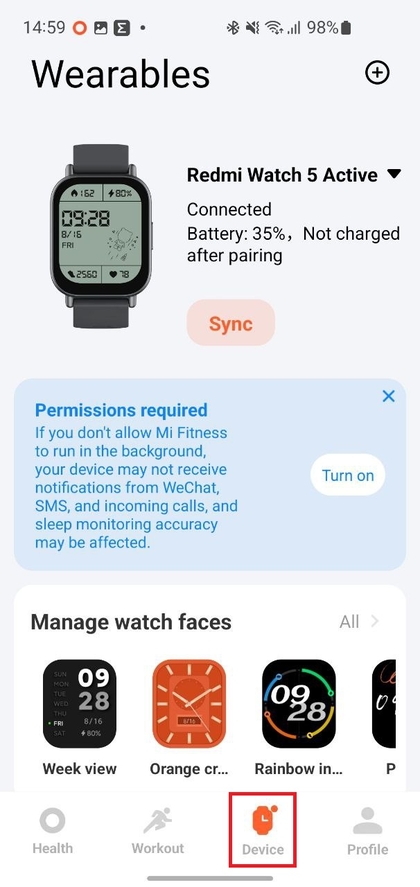 Navigeren naar het onderdeel Apparaat in de Mi Fitness-app