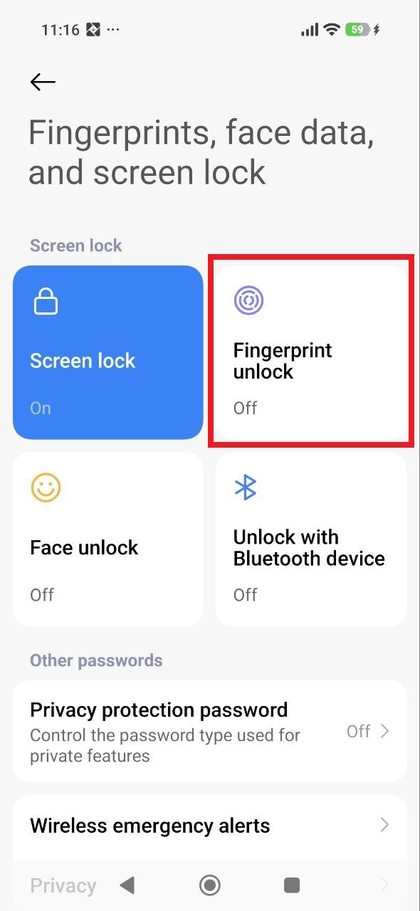 Vingerafdrukinstellingen scherm op POCO F8 Pro