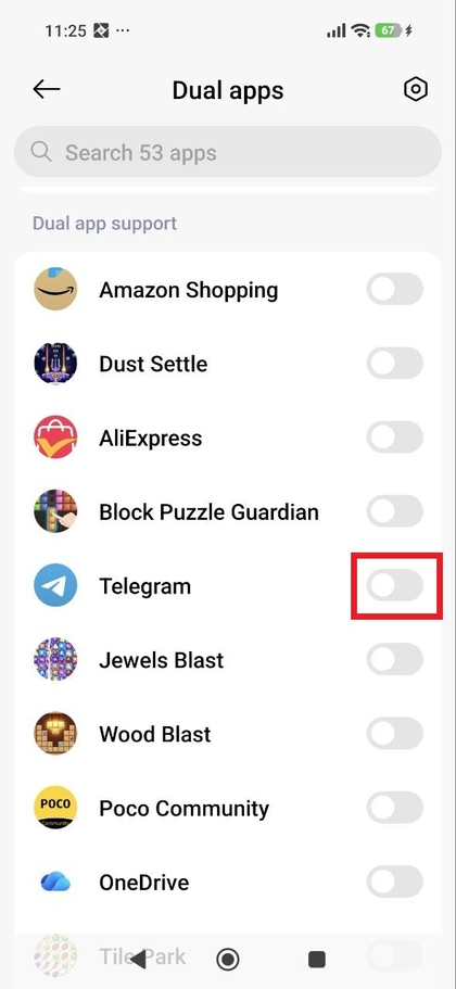 Schakelaars selecteren om apps te klonen
