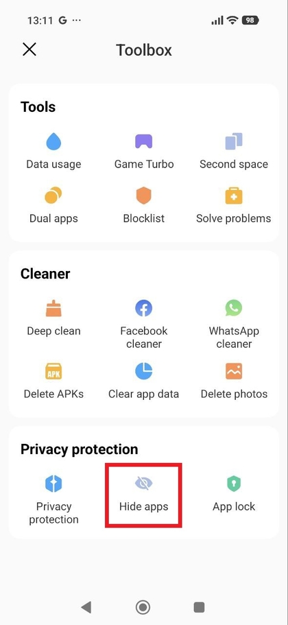 'Apps verbergen' sectie in de POCO F8 Pro