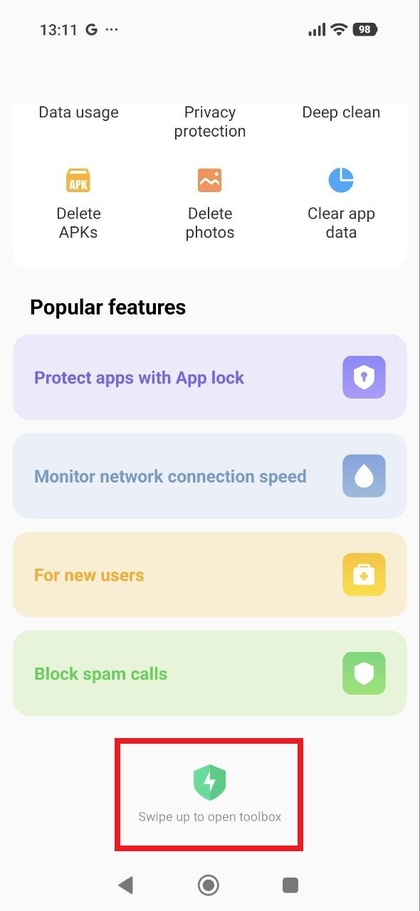 Omhoog vegen om de Toolbox in de Beveiligingsapp te openen