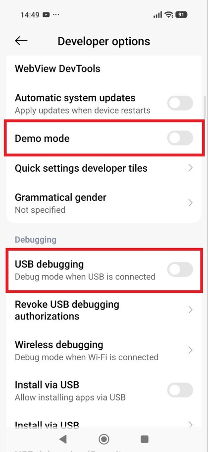 USB-foutopsporingsoptie in Ontwikkelaarsopties