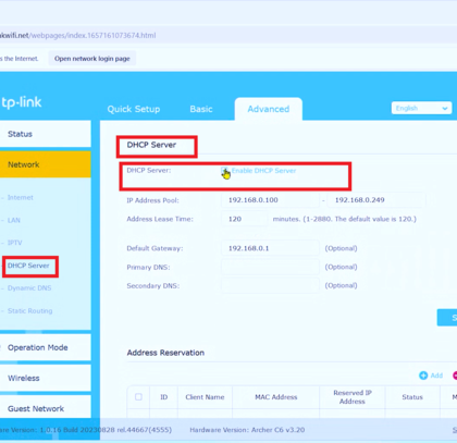 DHCP-server pagina met de optie om uit te schakelen gemarkeerd
